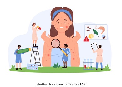 Vector illustration of tiny people examining and treating a girl with allergy symptoms, focusing on healthcare, diagnosis, medical treatment, and allergic reactions.