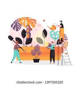 Vector illustration of tiny people gardeners growing big potted plants using garden tools such as watering can, spade etc. Spring gardening, plant care concepts for web banner, website page etc.