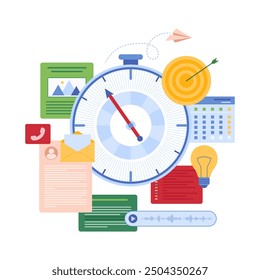 Vector illustration of tiny people organizing time with clocks, schedules, and target symbols, emphasizing time management, productivity, and efficient planning in personal and professional life.