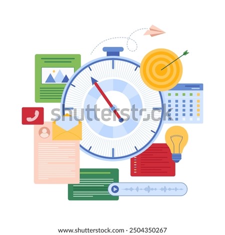 Vector illustration of tiny people organizing time with clocks, schedules, and target symbols, emphasizing time management, productivity, and efficient planning in personal and professional life.