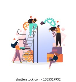 Vector illustration of tiny people putting books into big man head. Self improvement, brain training, learning, personal development concept for web banner, website page.