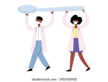 Vector illustration of tiny two doctors in face masks holding huge spoon for cough syrup. European medical man and woman workers isolated on white