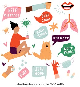 Ilustración vectorial con consejos para la prevención del corona-virus. Caracteres luminosos en estilo plano