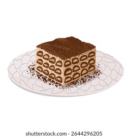 Vector illustration of tiramisu dessert on a plate. Hand drawn sliced Italian sweet food for cafe menu, food packaging, Italian cuisine design, branding, bakery visuals, stickers