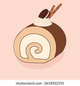 vector illustration of a tiramisu flavored Swiss roll cake filled with mascarpone cream, topped with whipped cream, a chocolate cookie, and crispy wafer sticks. Ideal forbranding, cafe menu etc.