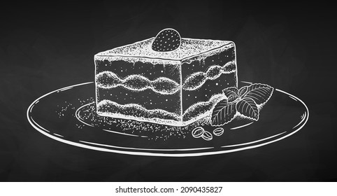 Vector illustration of Tiramisu on plate. Chalk drawing isolated on chalkboard background.