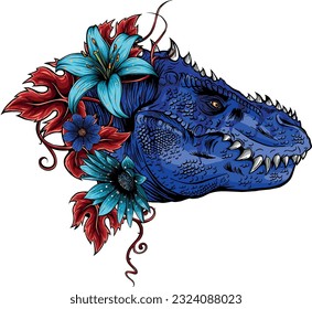ilustración vectorial de la cabeza de tirannosaurus rex con hojas y flores.