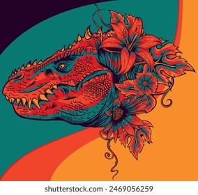 vector illustration of tirannosaurus rex head with leaves and flowers.