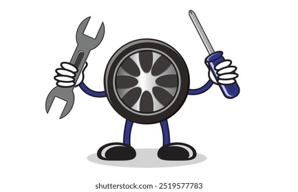 Ilustración vectorial de un neumático que sostiene dos herramientas