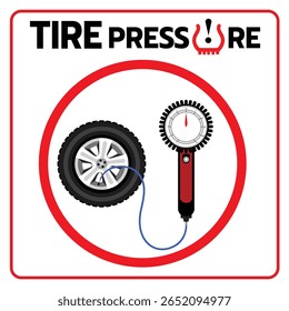 Vector illustration of a tire pressure warning concept, featuring a car tire connected to a pressure gauge with red caution symbols in a circular design