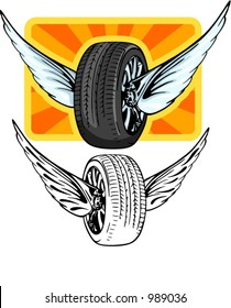 Vector illustration of a tire with wings. The vectors are VERY CLEAN and ready for vinyl cutting, great also for screen printing and any other design work.