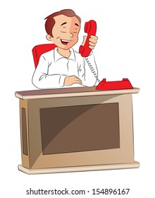 Vector illustration of tired businessman talking on telephone at office.