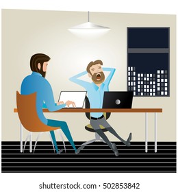 A vector illustration of tired businessman working late at night in the office
