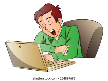 Vector illustration of tired businessman yawning while using laptop at office.