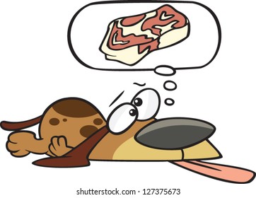 A vector illustration of tired cartoon dog dreaming of eating a big juicy steak