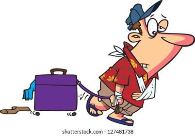 A vector illustration of tired cartoon man returning from vacation dragging his suitcase