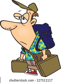 A vector illustration of tired cartoon tourist returning home