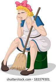 Vector illustration of a tired cleaning lady sitting on a bucket. 