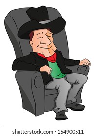 Vector illustration of a tired cowboy sleeping on armchair