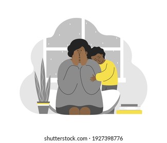 Vector illustration with tired crying woman. African American girl hugs mom. Postpartum depression, emotional burnout, stress. Daughter feels for mother. Problem of maternity to save mental health. 