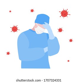 Vector Illustration Of Tired Doctor Or Nurse In Mask Around Viruses. Medicine Worker In Stress. Medical Concept