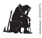 Vector illustration of a tired executioner sitting on the chopping block surrounded by his tools.