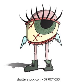 Vector illustration of tired eyeball with wings and legs in boots. Bloodshot eye