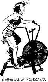 the vector illustration of the tired female athlete is doing assault bike exercise