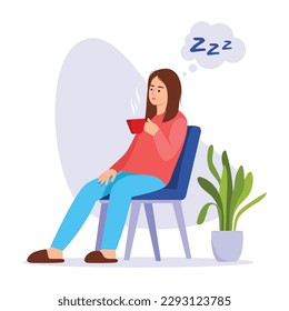 Vector illustration of a tired girl. Cartoon scene with a tired, exhausted girl sitting on a chair with a cup of hot drink and wanting to sleep isolated on a white background.