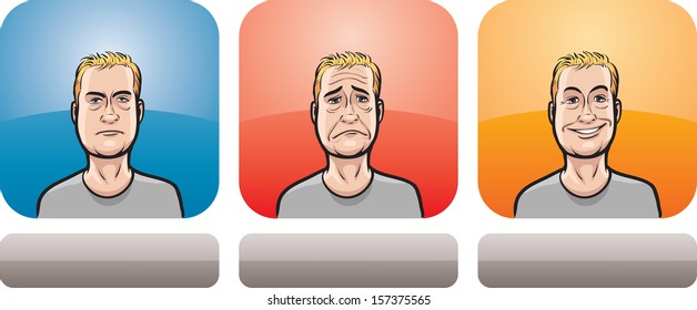 Vector illustration of tired guy face in three expressions: neutral, sad and happy - head and shoulders composition. Layered vector EPS10 format file.
