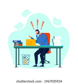 Vector illustration of a tired and irritated office worker clutching his head among piles of papers and documents. Stress at work.