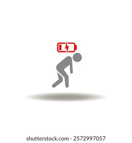 Vector illustration of tired man with low battery charge. Icon of fatigue. Symbol of burnout, overwork, exhaustion.