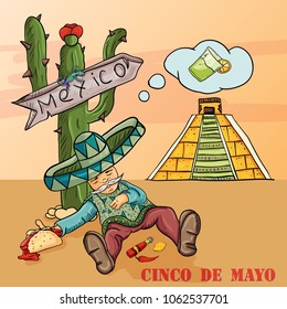 vector illustration of a tired Mexican in sombrero lying under a cactus pointer with food in hand and dreaming of drinking