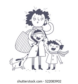 Vector illustration of a tired mother with children. Family portrait. Mother's day greeting card