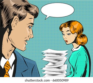 Vector illustration of tired office woman and her boss. Young girl secretary holding heap of papers in retro pop art comic style.