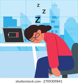 Ilustración vectorial de una persona cansada durmiendo en un escritorio de oficina