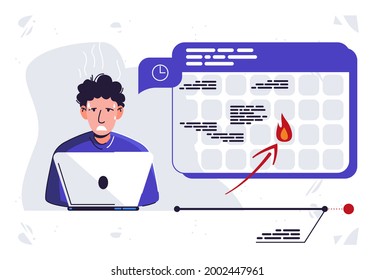 Vector illustration of a tired person working at a computer, laptop, deadline for the delivery of work, calendar with the date of delivery of work, flat design