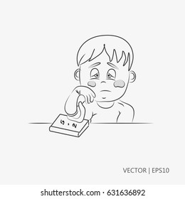 Vector Illustration. Tired Student With Books. Learning Child. Difficult Math. Sketch. Drawing For Children. Flat Icon