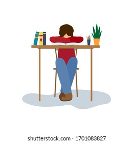 Vector illustration of tired, weary school boy, student at home education isolated on white background. Exhausted boy, worker sitting at the table. Teenager put head on opened book, burnout concept. 