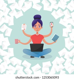 Vector illustration of tired woman working at home on laptop in lotus pose. Work overload and deadline vector concept. Eps 10