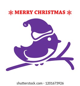 Vector illustration of tit on the christmas tree,text Merry Christmas on the background.