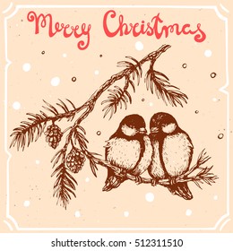Vector illustration of tit on the christmas tree,text Merry Christmas on the background with abstract paper texture,retro frame.Letters,branch,bird sketch.Linear art in vintage style for your design.
