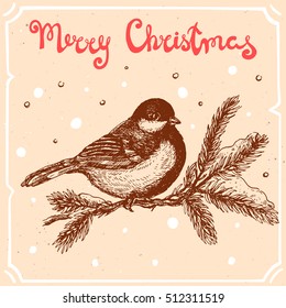 Vector illustration of tit on the christmas tree,text Merry Christmas on the background with abstract paper texture,retro frame.Letters,branch,bird sketch.Linear art in vintage style for your design.
