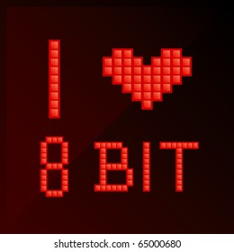 Vector illustration of title "I love 8 bit" in pixel art style
