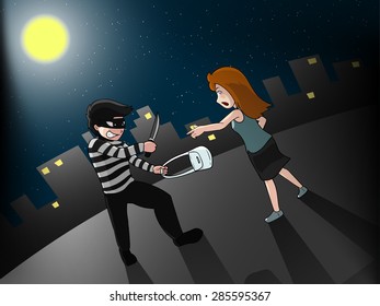 vector illustration title " thieves steal a woman's purse at night", danger and risk concept