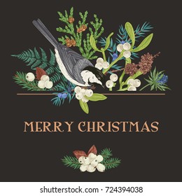 Vector illustration with a  titmouse. Christmas background with bird and conifer. Greeting botanical card in vintage style. Fern, fir, snow berry, mistletoe, larch, thuja, juniper and tit.