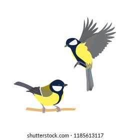 Vector illustration with tits on white isolated background. Template for postcard, poster, web design.