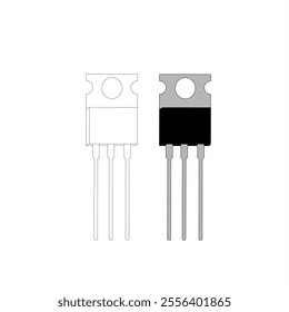 Vector illustration of TO-220 component with three pins, showing filled and outline versions. Perfect for technical designs, electronics education, and documentation.
