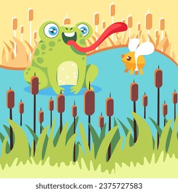 Vector illustration with a toad and a fly in a swamp in a cute cartoon style.