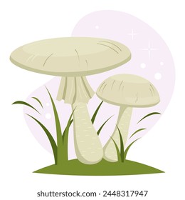 Vector illustration of a toadstool mushroom in the grass. Inedible, poisonous mushrooms.